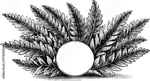 Elegant minimalist circular frame with fern leaves design for card or poster