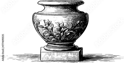 Classical engraved urn with geometric elements in minimalist design for art and decor