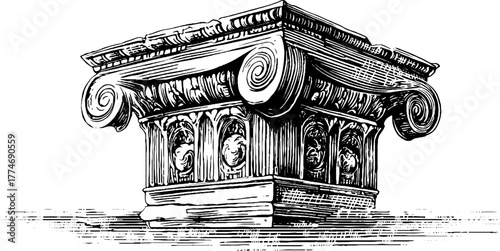 Minimalist collage of classical urn and geometric shapes in engraved style for artistic design