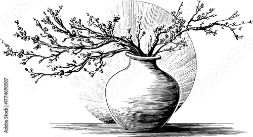 Minimalist engraved vase design with branches for decor and art print