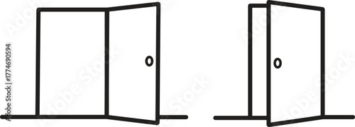 Open and Closed Door line art icon set. Simple doorway vector illustration representing entry and exit.