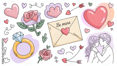 Valentines Day doodle set hand-drawn vector illustration with hearts rose ring and kissing couple for greeting cards and romantic designs