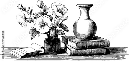 Vintage engraved still life of flower vase with books