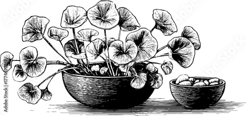 Modern engraved arrangement of potted houseplant and circle design for decor