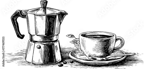 Vintage coffee pot and cup with geometric elements for retro design