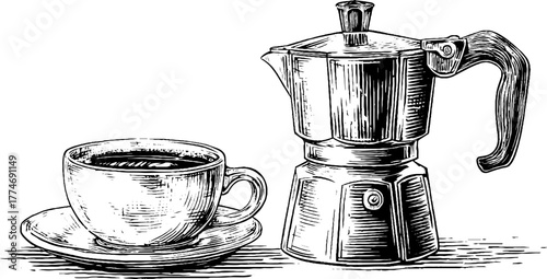 Vintage coffee enthusiast design with engraved pot and cup for artistic decor