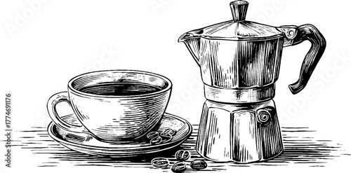 Modern composition of engraved coffee pot, cup, and geometric design for retro kitchen decor