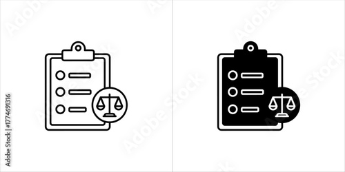 Vector art of two icons representing legal justice, one outlined and one solid black