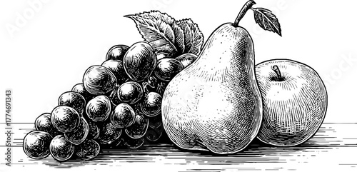 Modern fruit composition with grapes, pear, and geometric elements for art design