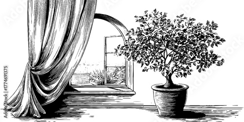 Modern interior scene with open window curtain and potted plant silhouette for decor and design