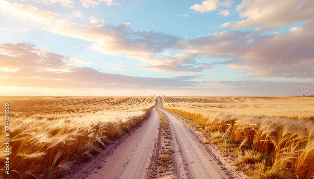 Naklejka premium Dusty Dirt Road Through Golden Wheat Field Under a Dramatic Sunset Sky with Wispy Clouds and Warm Sunlight