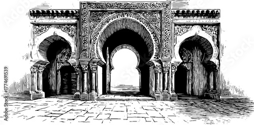 Vintage moorish palace entrance with layered arches and arabesque design for artistic print