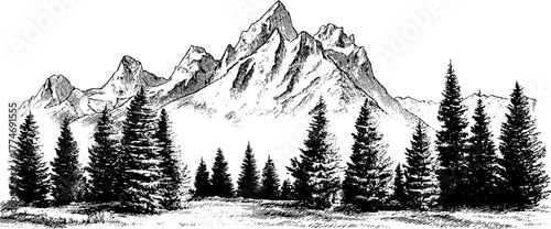 Vintage mountain landscape with pine trees and distant peaks for nature design