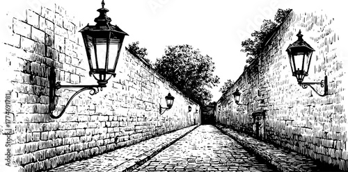 Engraved narrow medieval street with tall walls and decorative lanterns - vintage sketch for retro design