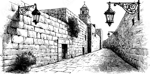 Engraved narrow medieval street with tall walls and decorative lanterns for vintage design