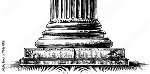 Neoclassical column base with fluting and square plinth engraving for classical architecture designs