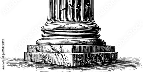 Neoclassical column base with fluting and square plinth in vintage engraving style for design