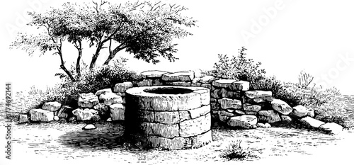 Vintage engraved stone well and ancient wall fragments design for posters and cards