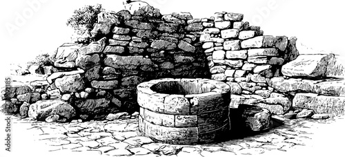 Ancient stone well with fragmented wall in vintage engraving art design
