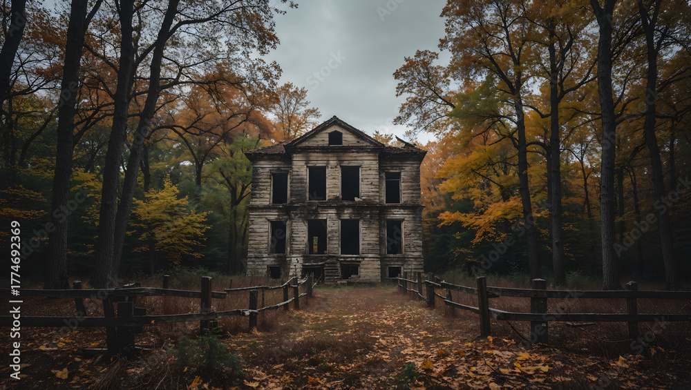 Fototapeta premium Abandoned stone building forest autumn foliage fallen leaves wooden fence overcast sky eerie neglected tall trees colorful serene peaceful generative AI