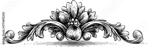 Vintage ornamental divider with curved scrolls and central floral design for retro design projects