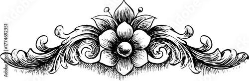 Ornamental divider with curved scrolls and floral centerpiece for vintage design