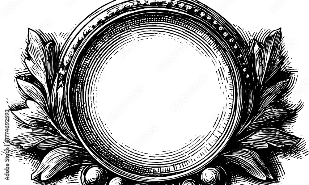 Fototapeta premium Ornate engraved circular frame with symmetrical leaf design for vintage decoration and labeling