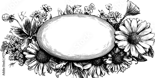 Engraved oval frame with floral and scroll ornament for elegant design and decor