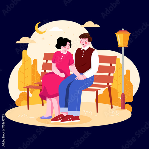 A cute couple sitting in the park under clouds and moon illustration.
