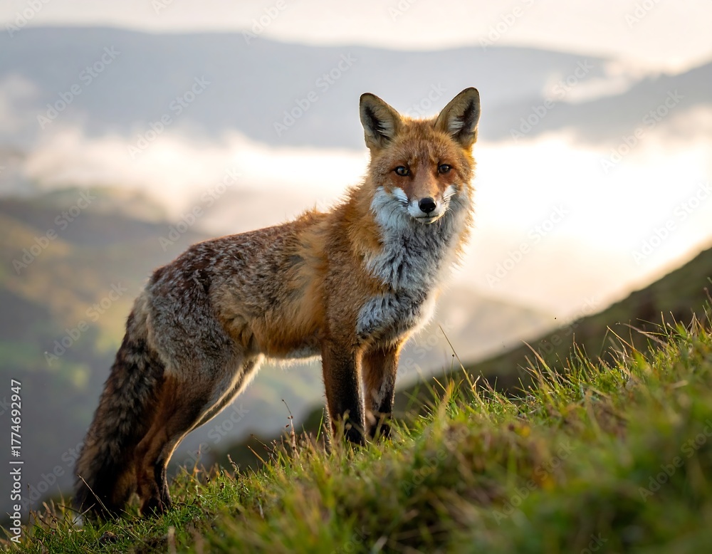 Fototapeta premium Alert red fox stands in a grassy hillside with mountains and a hazy sky in the distance