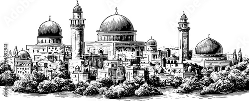 Engraved panoramic city view domes towers vintage roof sketch hand drawn engraving silhouette. Classic historical cityscape with detailed architecture and ornate urban horizon.
