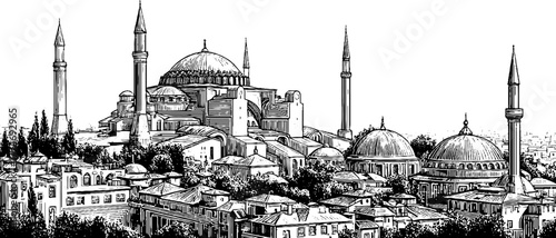 Panoramic cityscape with domes and towers - vintage architectural sketch for retro design projects