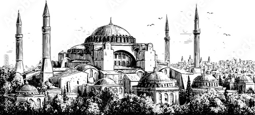 Vintage engraving of panoramic city view with domes and towers for architectural design