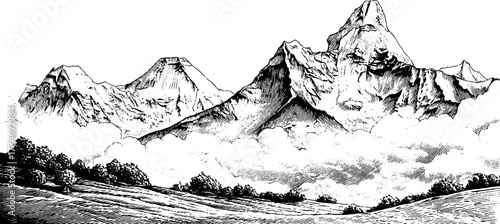 Panoramic view of distant mountains and rolling hills in vintage engraved style design for prints