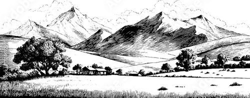 Panoramic vintage landscape of distant mountains and rolling hills engraving for design