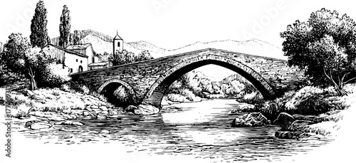 Engraved panoramic view of ancient stone bridge crossing a river in countryside