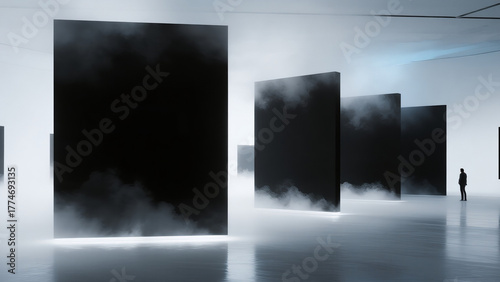 cinematic photo of a minimalist art gallery surrounded by mist and clouds