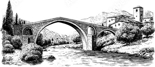 Panoramic view of ancient stone bridge crossing a river in engraved style