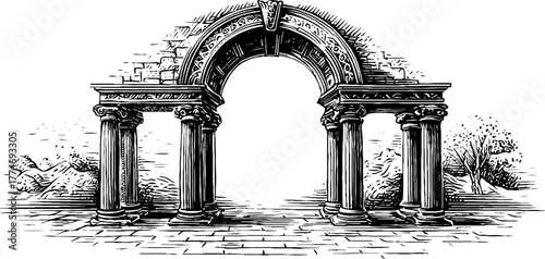 Classical engraved portal frame with columns supporting semi-circular arch for architectural design