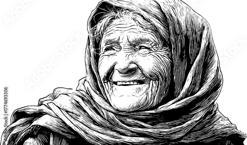 Smile of wisdom: engraved portrait of elderly woman with headscarf