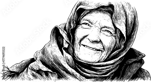 Engraved portrait of smiling elderly woman with headscarf in war setting - vintage sketch for historical and cultural design