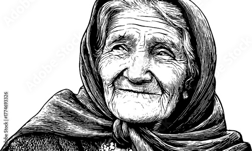Engraved portrait of elderly woman with headscarf smiling - heritage and wisdom