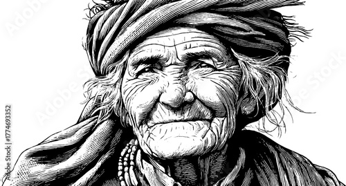 Vintage engraved portrait of smiling elderly woman in headscarf