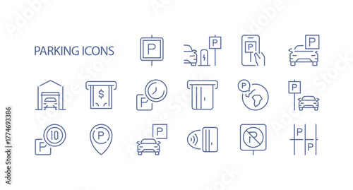 Parking management and location icons set featuring navigation symbols, car position, and parking zone direction for transport and mobility concept flat vector illustration.