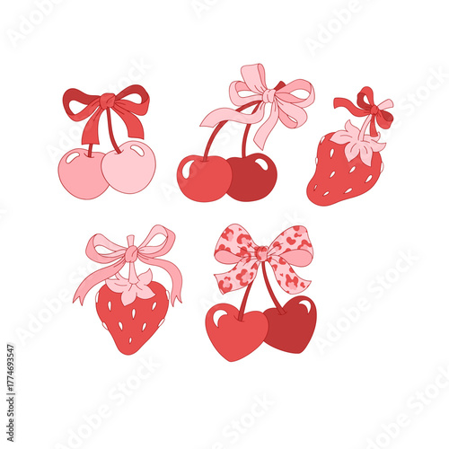 Romantic Coquette Red Pink Cherry Strawberry Bow Clipart Set, Retro Valentines Day Illustrations for Scrapbooking and Stickers