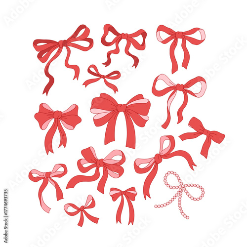 Romantic Coquette Red Pink Bow Clipart Set, Cute Valentines Day Illustrations for Scrapbooking and Sticker Design