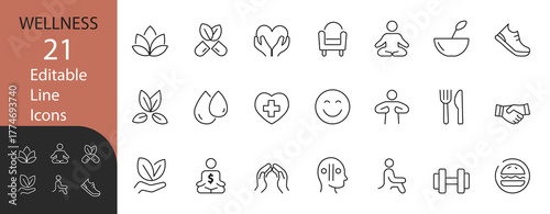 Wellness and Healthy Lifestyle line icon set. Contains symbols for meditation, self-care, health, fitness, and nutrition. Editable line vector design for apps, infographics, and presentations.
