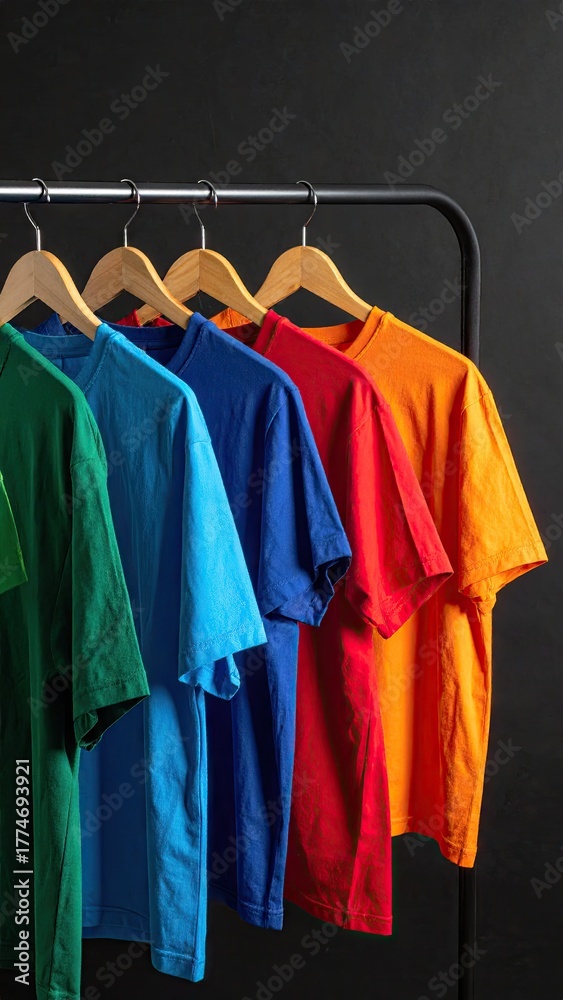 Obraz premium Vibrant collection of plain solid color t-shirts hanging on a rack.