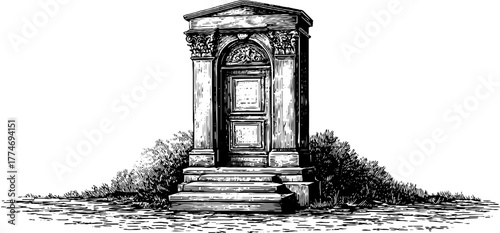 Portal stone engraved sculpted relief vintage rectangular architecture classical doorway entrance antique art sculpture heritage decor. Ornate detailed design with elegant traditional craftsmanship.
