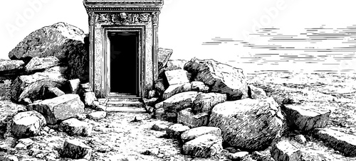 Ancient stone portal with intricate sculpted relief amidst rocky ruins